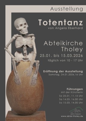 Ausstellungsplakat; die Figur eines Skeletts sitzt auf einem Ei